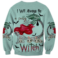 Aqua Halloween sweatshirt with back text and red-haired mermaid witch graphic