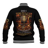 Black baseball jacket with flaming skull graphic on back, striped collar and cuffs