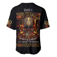 Black baseball jersey, fiery skull graphic on back with multicolor flames.