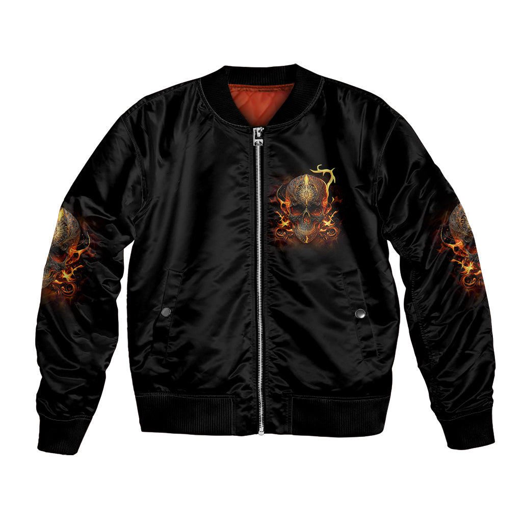 Black satin bomber jacket with front zipper, orange skull chest emblem and side flames