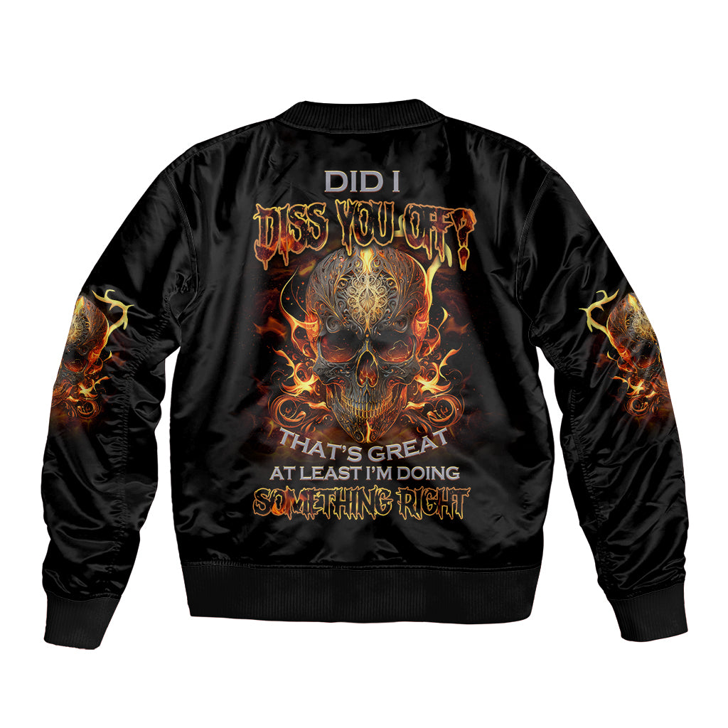Black bomber jacket with ribbed cuffs and flaming skull back graphic