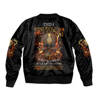 Black bomber jacket with ribbed cuffs and flaming skull back graphic