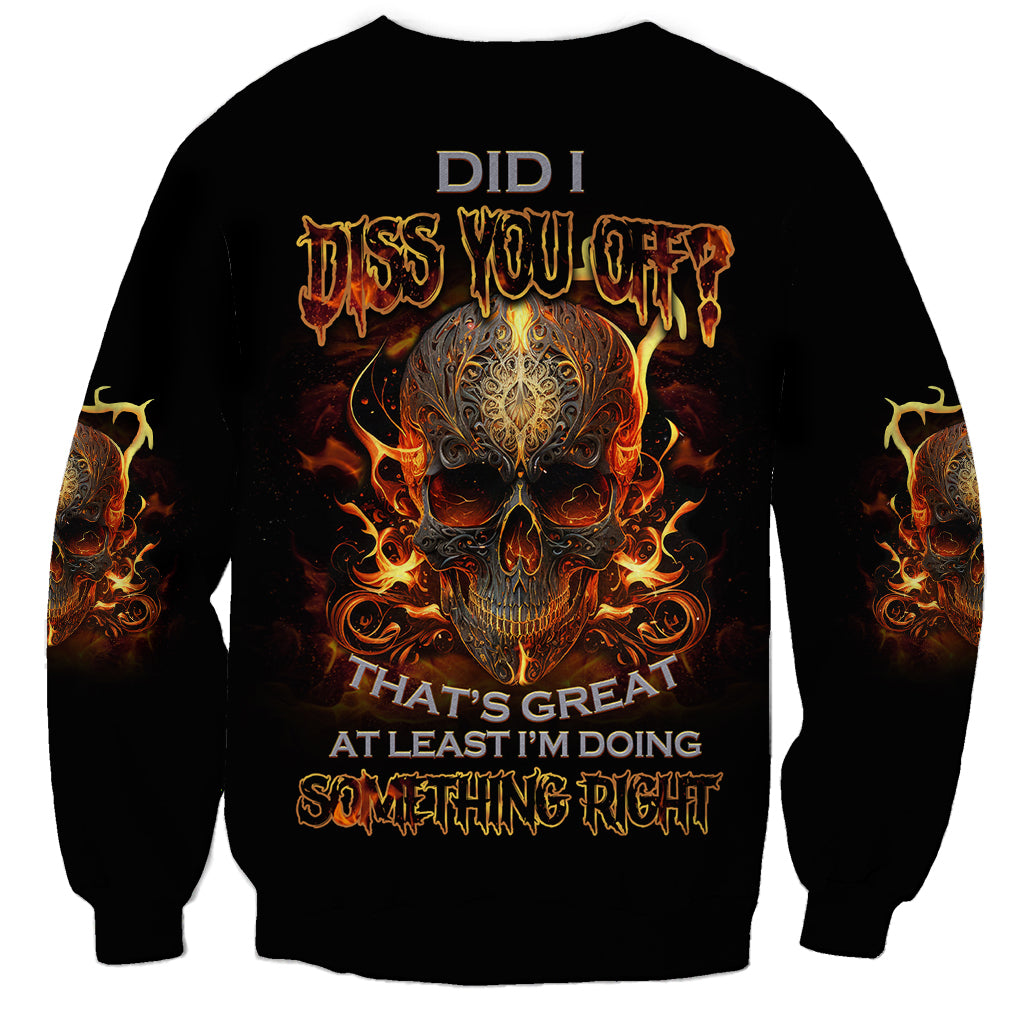 Black crewneck sweatshirt with flaming skull graphic and text on front