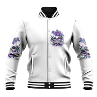 Light gray baseball jacket front with purple skull floral patch, snap buttons, striped collar