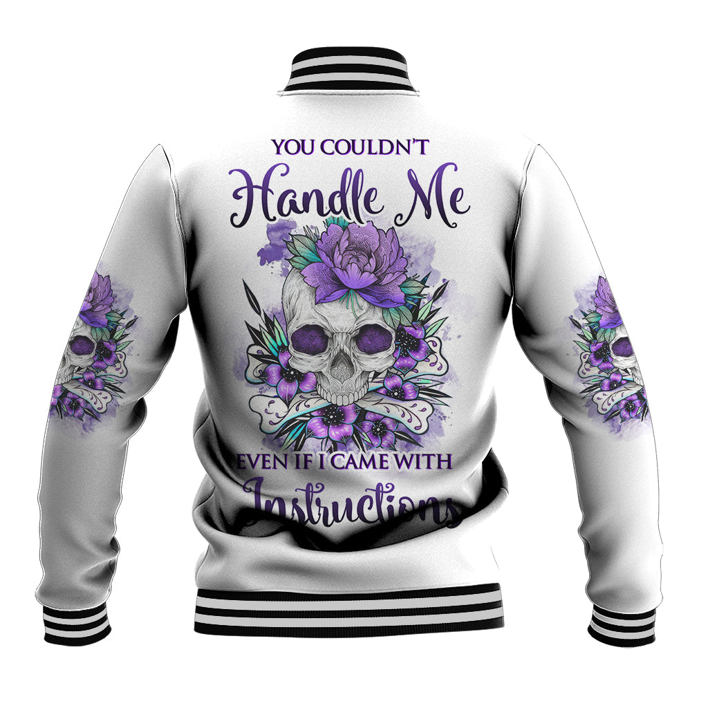 Light gray baseball jacket with purple skull floral back graphic and striped ribbed cuffs