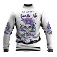 Light gray baseball jacket with purple skull floral back graphic and striped ribbed cuffs