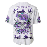 White baseball jersey with purple floral skull graphic on the back
