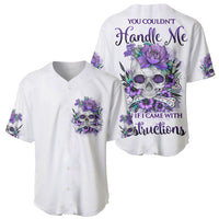 White baseball jersey showing front and back with purple floral skull artwork