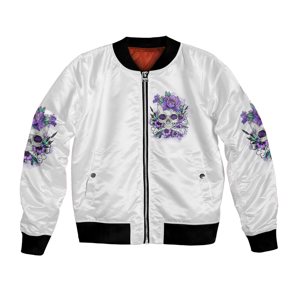 White unisex bomber jacket with front zipper and purple skull floral patch, ribbed black hem