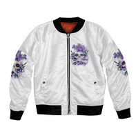 White unisex bomber jacket with front zipper and purple skull floral patch, ribbed black hem