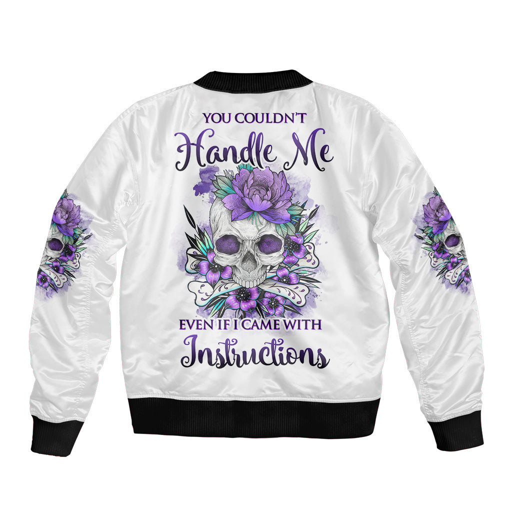 White unisex bomber jacket with purple skull floral graphic on back and ribbed black trim