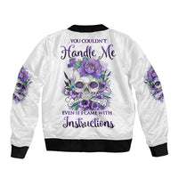 White unisex bomber jacket with purple skull floral graphic on back and ribbed black trim
