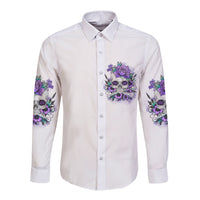 Long-sleeve button shirt, white, purple skull floral chest and sleeve graphics