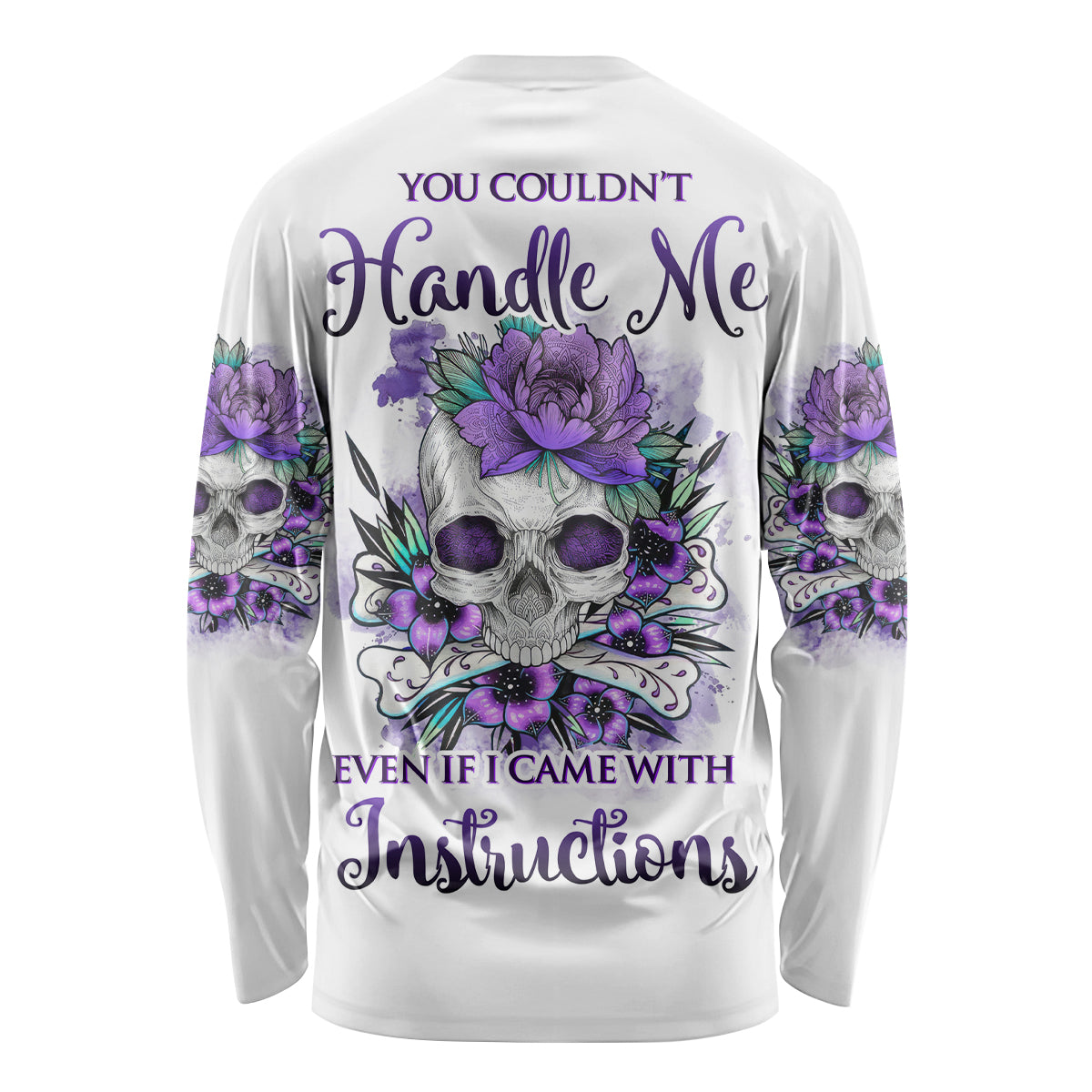 Unisex long-sleeve graphic shirt, white with purple skull and flower back print