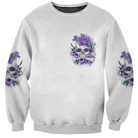Unisex crewneck sweatshirt, light gray, front small skull floral graphic with purple accents