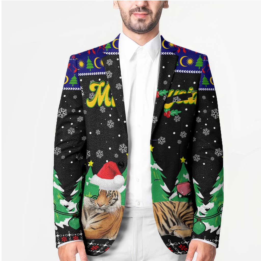 Malaysia Christmas Blazer with Tiger Santa Hat Snowflakes and Holiday Tree Pattern - Wonder Print Shop