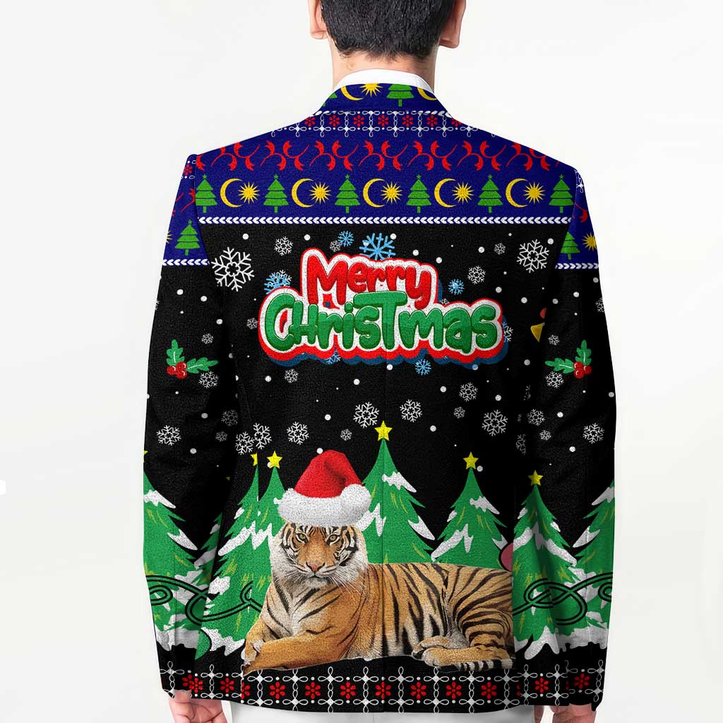 Malaysia Christmas Blazer with Tiger Santa Hat Snowflakes and Holiday Tree Pattern - Wonder Print Shop