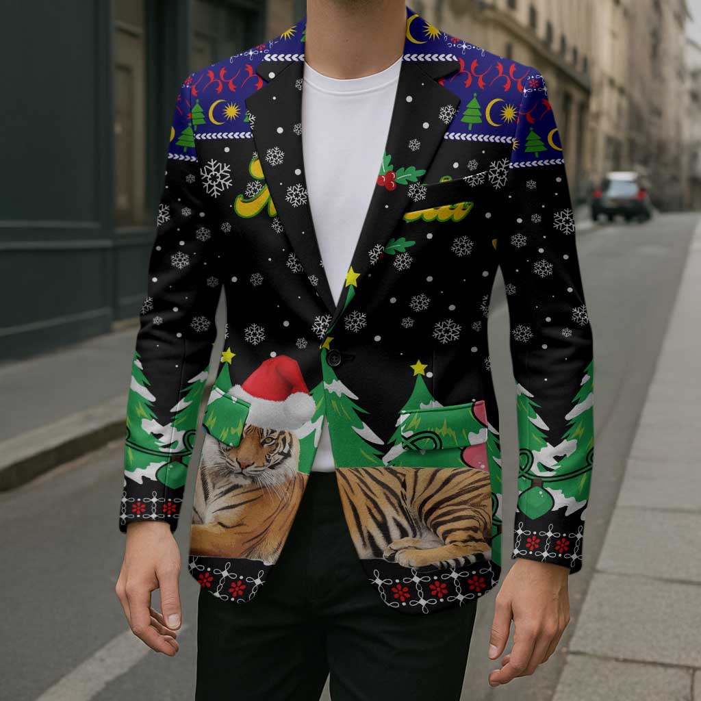 Malaysia Christmas Blazer with Tiger Santa Hat Snowflakes and Holiday Tree Pattern - Wonder Print Shop