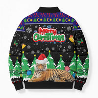 Malaysia Christmas Bomber Puffer Jacket with Tiger Santa Hat Snowflakes and Holiday Tree Pattern - Wonder Print Shop