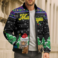 Malaysia Christmas Bomber Puffer Jacket with Tiger Santa Hat Snowflakes and Holiday Tree Pattern - Wonder Print Shop