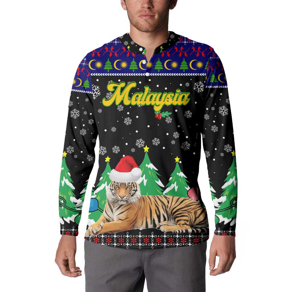 Malaysia Christmas Button Sweatshirt with Tiger Santa Hat Snowflakes and Holiday Tree Pattern - Wonder Print Shop
