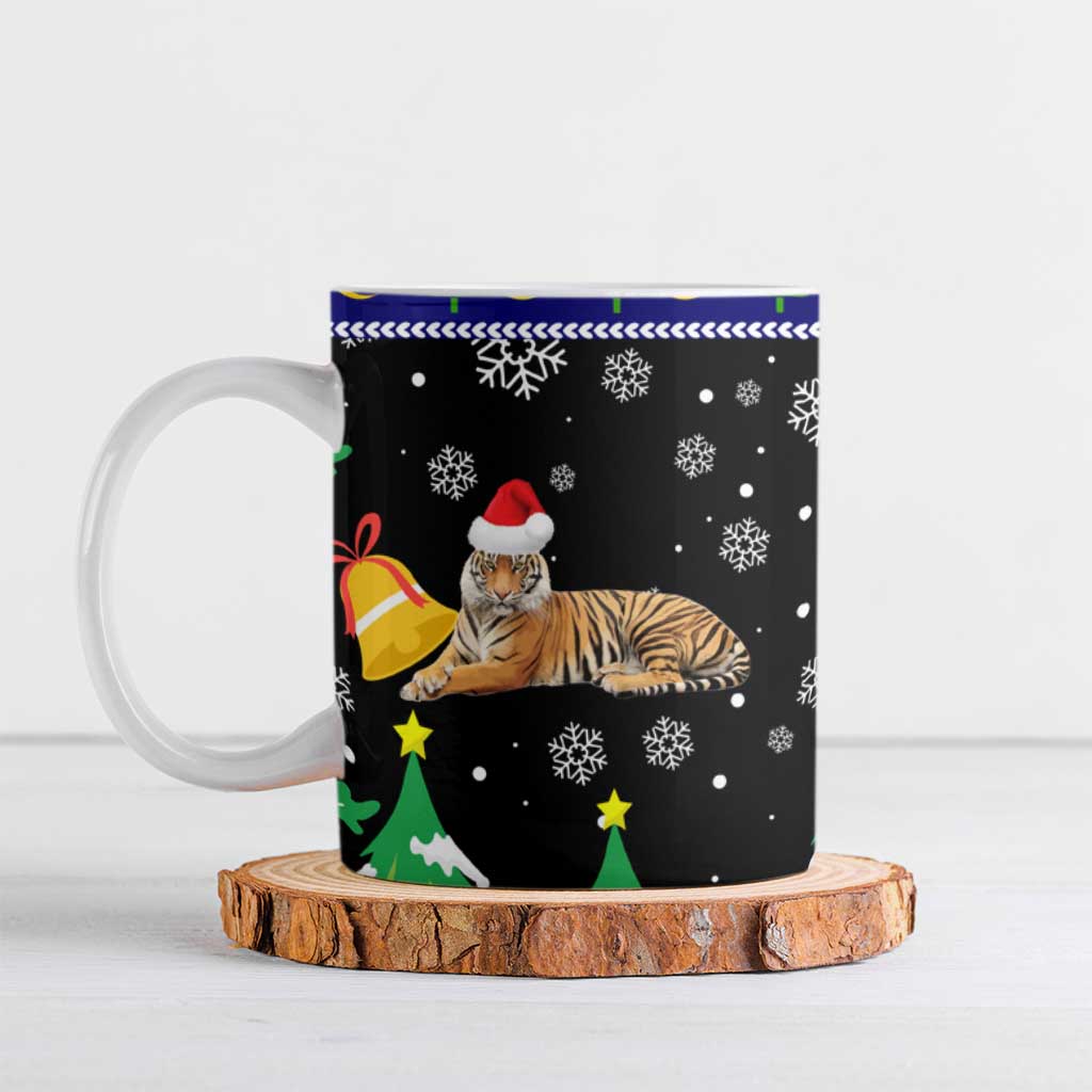 Malaysia Christmas Ceramic Mug with Tiger Santa Hat Snowflakes and Holiday Tree Pattern - Wonder Print Shop