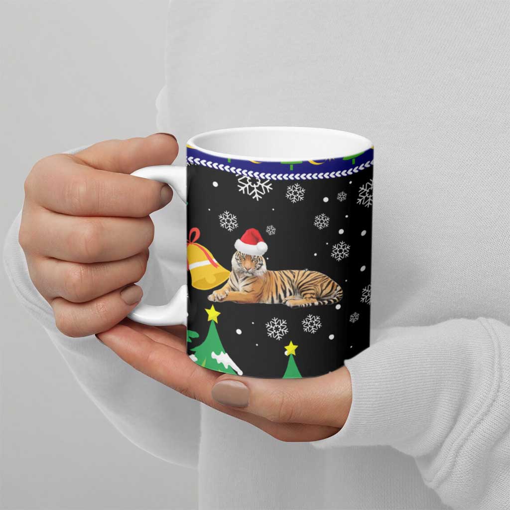 Malaysia Christmas Ceramic Mug with Tiger Santa Hat Snowflakes and Holiday Tree Pattern - Wonder Print Shop