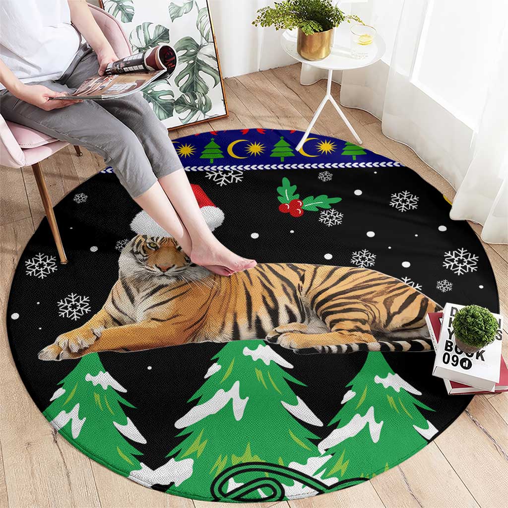 Malaysia Christmas Round Carpet with Tiger Santa Hat Snowflakes and Holiday Tree Pattern - Wonder Print Shop