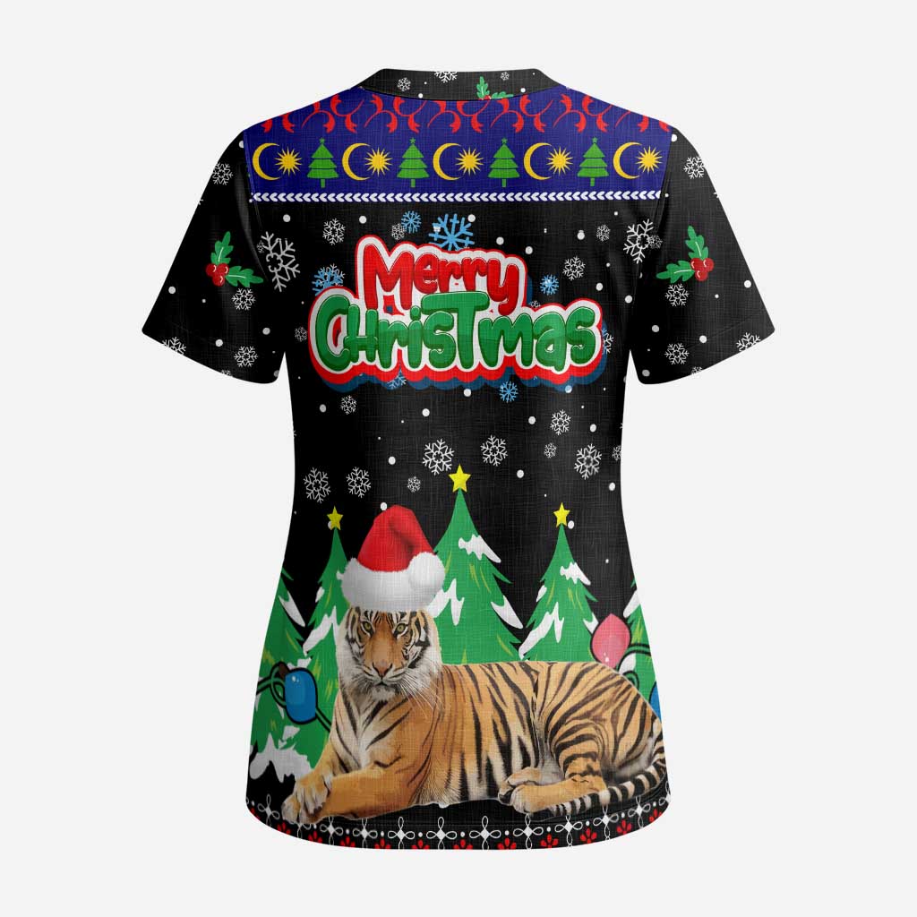 Malaysia Christmas Scrub Top with Tiger Santa Hat Snowflakes and Holiday Tree Pattern - Wonder Print Shop