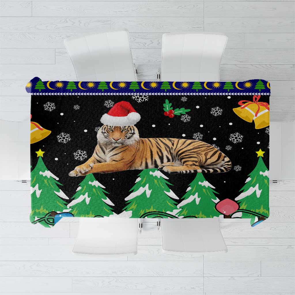 Malaysia Christmas Tablecloth with Tiger Santa Hat Snowflakes and Holiday Tree Pattern - Wonder Print Shop