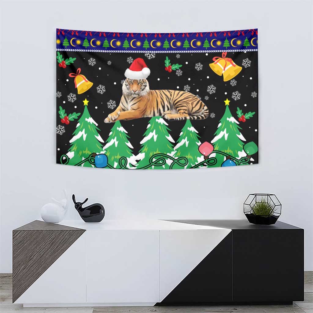 Malaysia Christmas Tapestry with Tiger Santa Hat Snowflakes and Holiday Tree Pattern - Wonder Print Shop