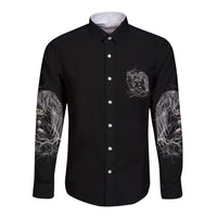Long-sleeve black button shirt with chest emblem and lightning sleeve print
