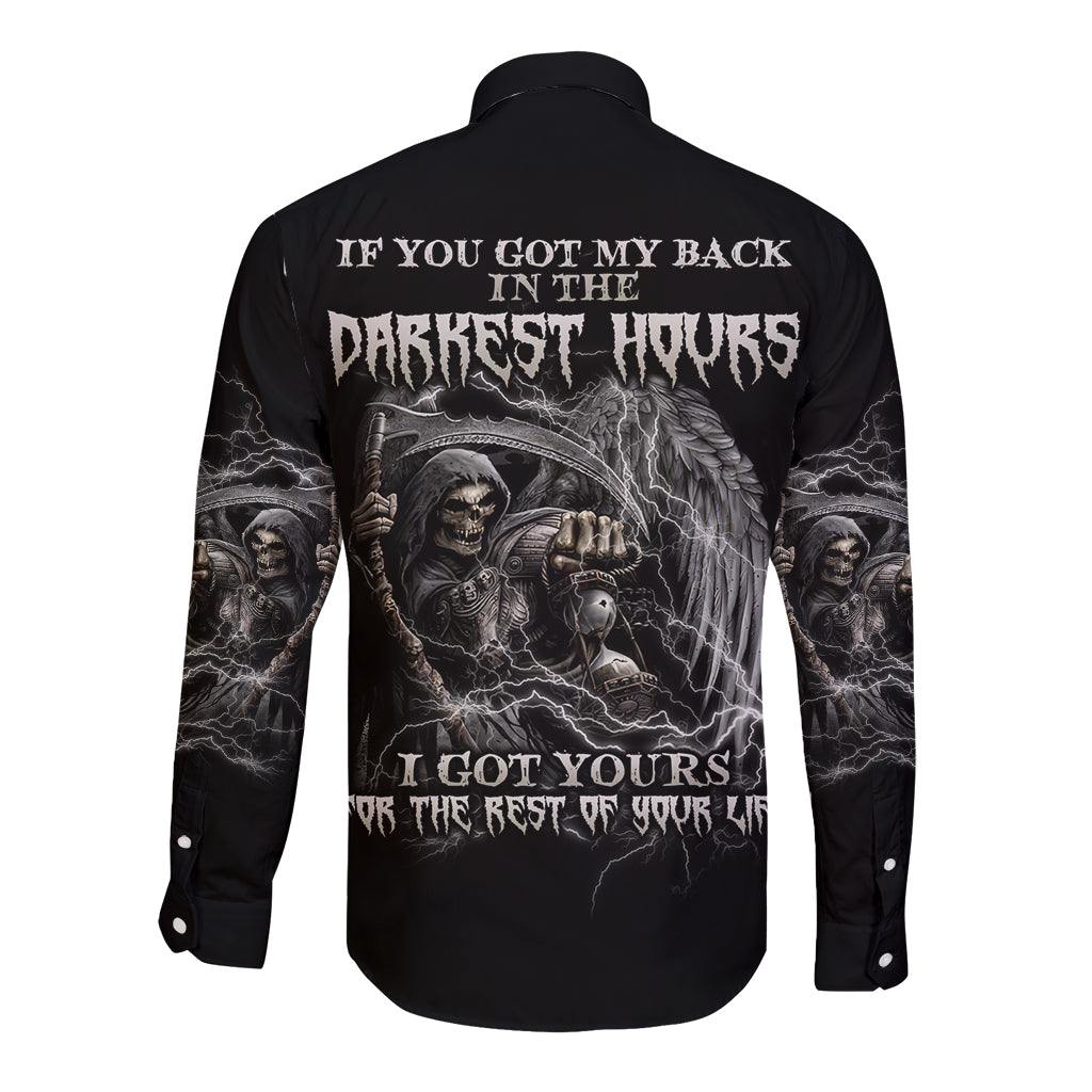 Long-sleeve black button shirt with large back graphic print