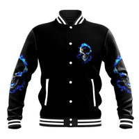 Black varsity jacket with blue skull front print and white striped ribbed hem