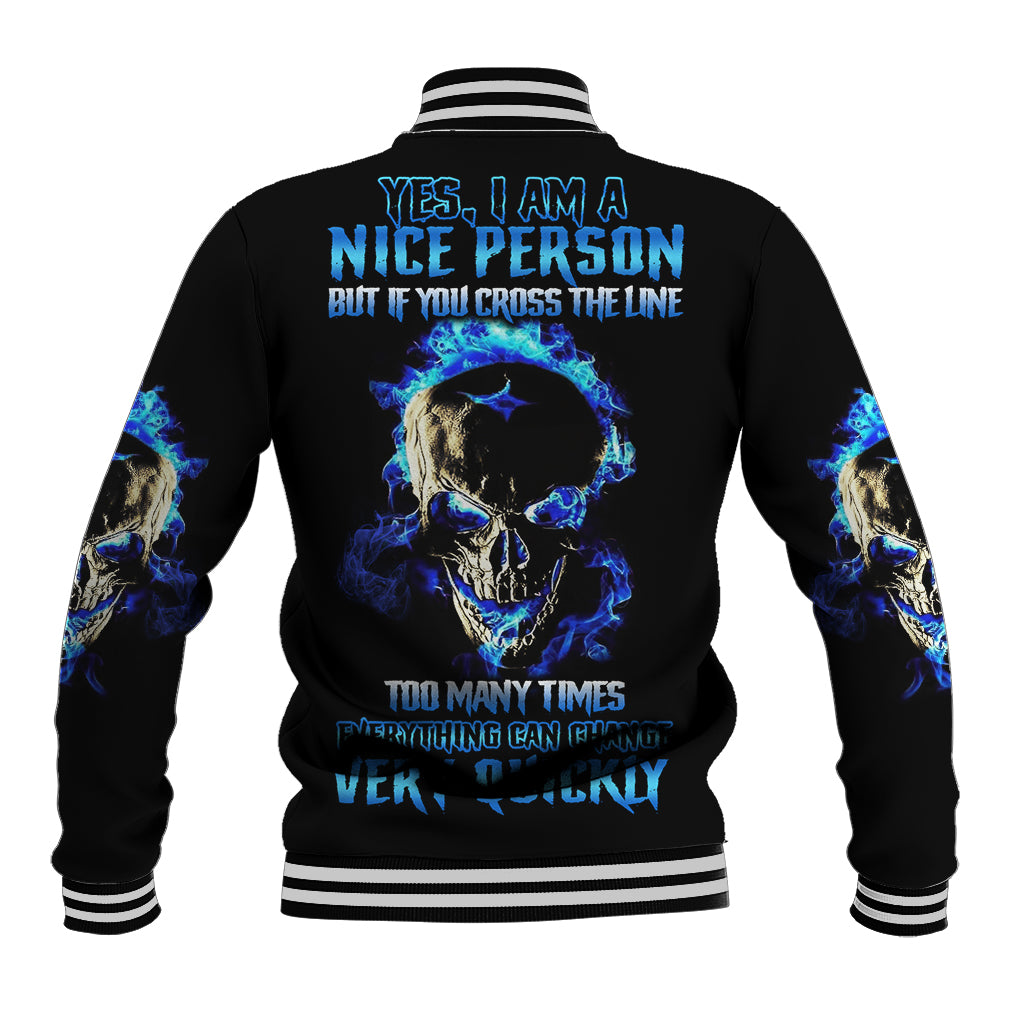 Black baseball jacket with blue skull graphic and striped ribbed cuffs