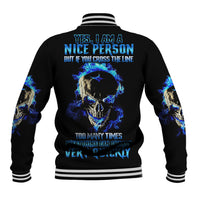 Black baseball jacket with blue skull graphic and striped ribbed cuffs