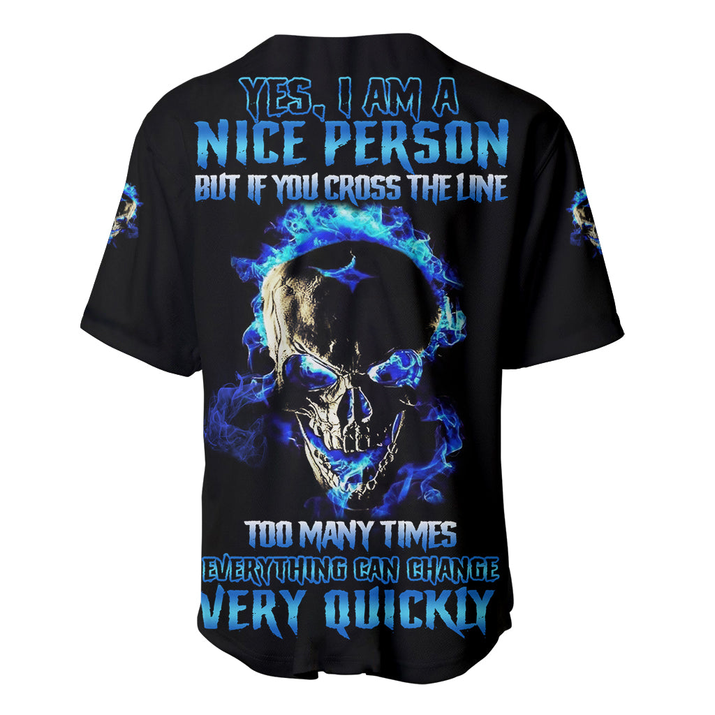 Black baseball jersey with blue skull and flame graphic, full back text print
