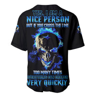 Black baseball jersey with blue skull and flame graphic, full back text print