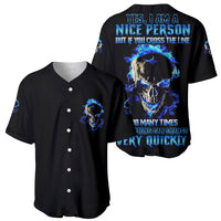 Black baseball jersey front buttons and chest skull, and matching blue back print