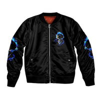 Black bomber jacket front with center zipper, blue skull emblem and flame graphics on sleeves