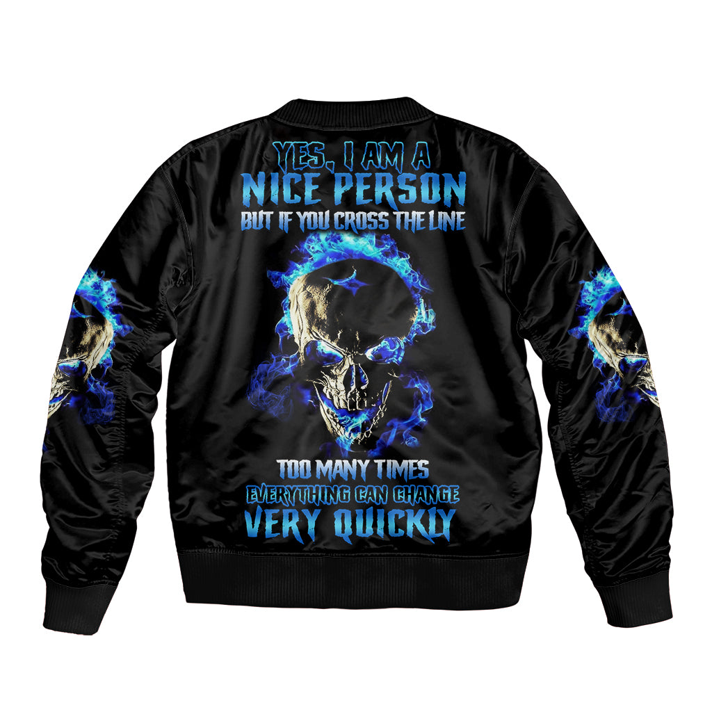 Black bomber jacket with back skull graphic and blue flame text, ribbed collar and cuffs