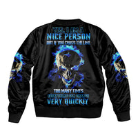 Black bomber jacket with back skull graphic and blue flame text, ribbed collar and cuffs