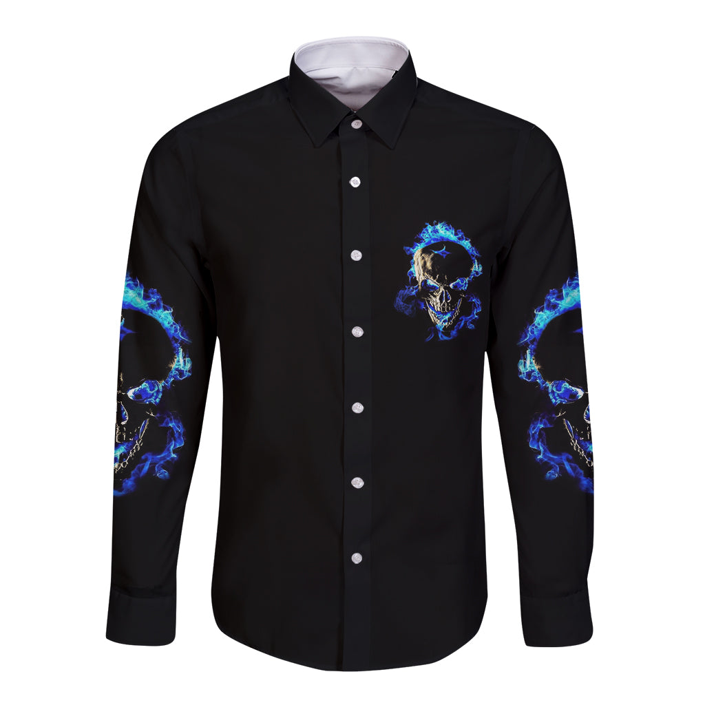 Long-sleeve button shirt in black with blue skull fire graphic on chest and sleeves
