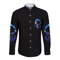 Long-sleeve button shirt in black with blue skull fire graphic on chest and sleeves