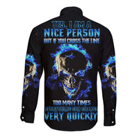 Long-sleeve button shirt in black with skull fire graphic and blue text on back