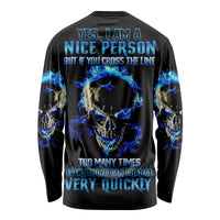 Unisex black long sleeve shirt with blue skull fire graphic, back view