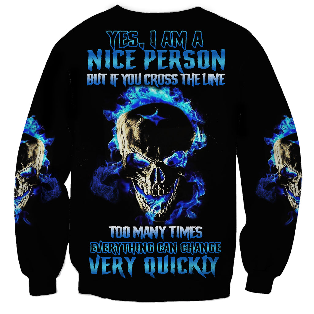 Black unisex sweatshirt with blue skull fire graphic and text across chest