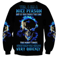 Black unisex sweatshirt with blue skull fire graphic and text across chest