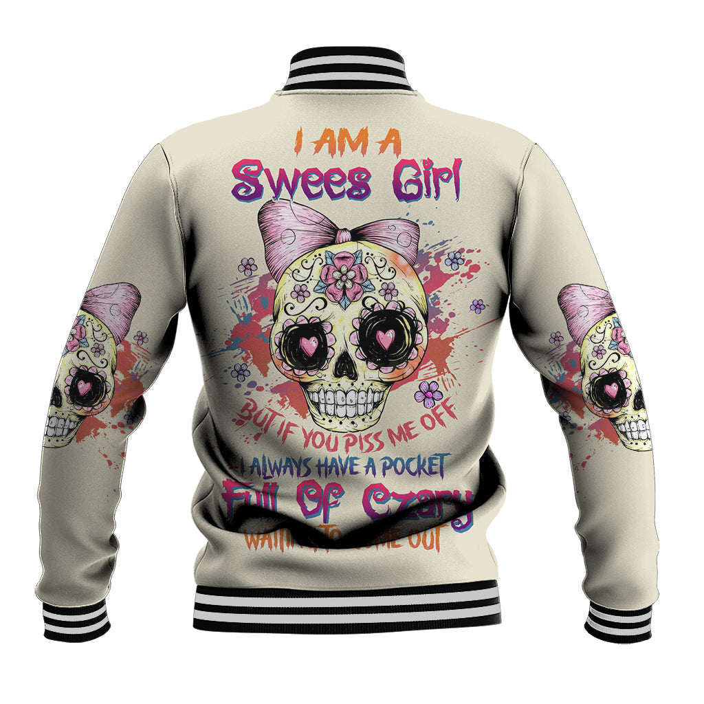 Light gray baseball jacket with black striped ribbed collar and back skull graphic