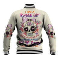Light gray baseball jacket with black striped ribbed collar and back skull graphic